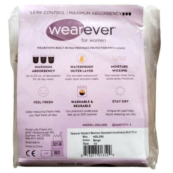 2 Wearever Leak Control Absorbent Incontinence Underwear Reusable Women 1X Beige - Picture 2 of 5